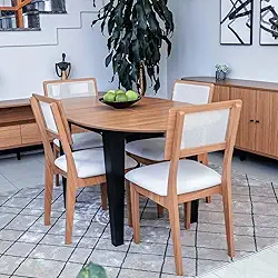 Dalla Costa, Conjunto Mesa com 4 Cadeiras Extensível com Encosto Tela 100% MDF Preto Bege Dalla Costa