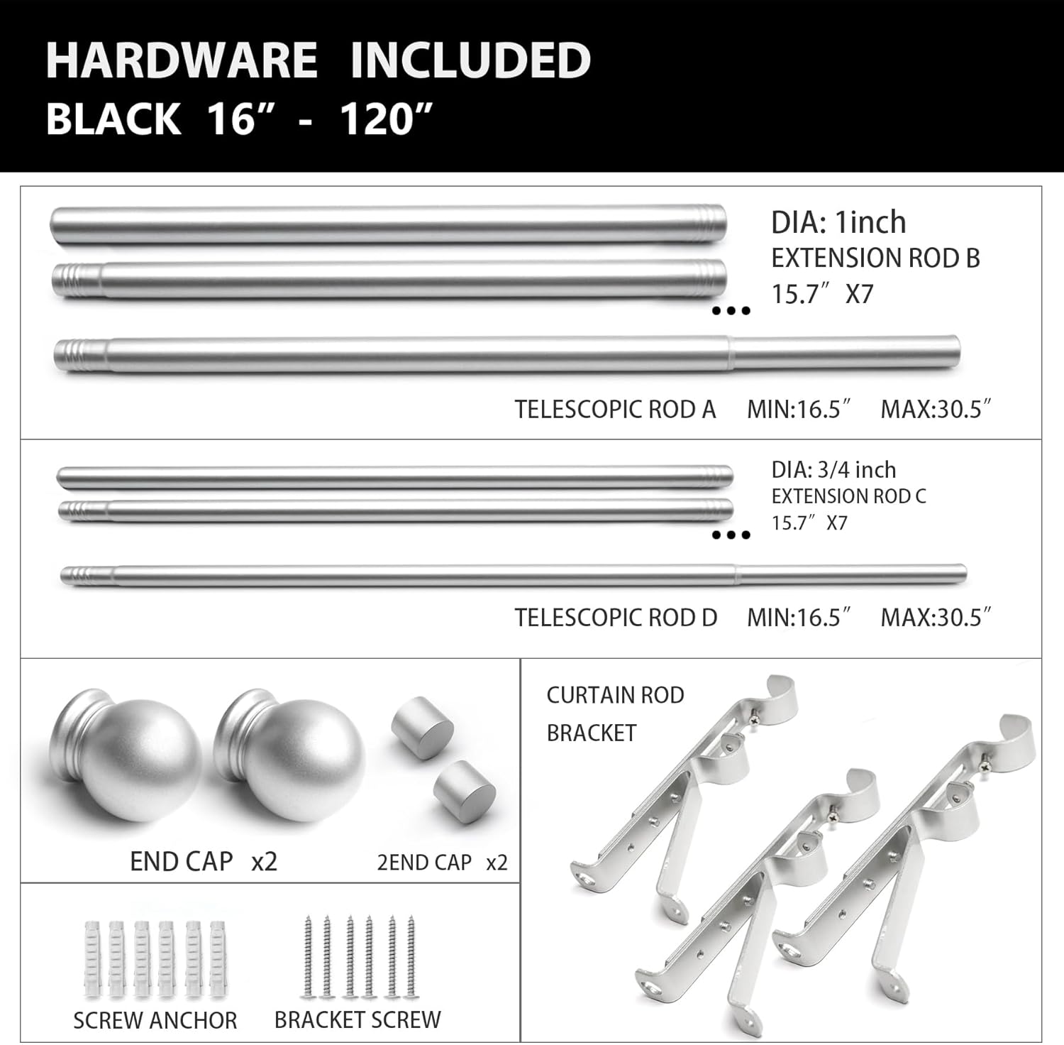 Silver Double Curtain Rods for Windows 16-120 inch, Decorative Curtain Rod Set, Adjustable Heavy Duty Drapery Rod for Bedroom, Livingroom