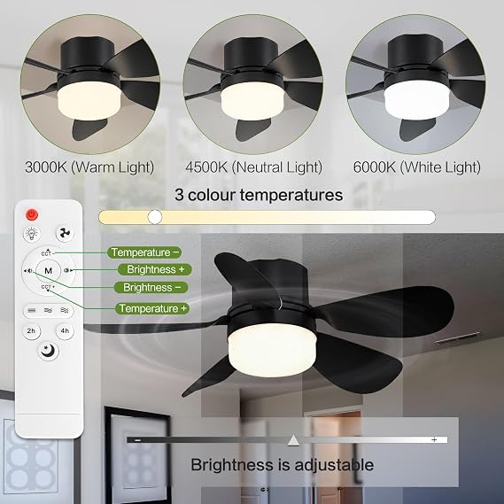 Socket Fan Light with Remote Control,Portable Small Ceiling Fan with Lights for Bedroom,Kitchen,Living Room,with Dimming Function,1000 Lumens,Screws into E26/E27,16.54 Inches-(Black)
