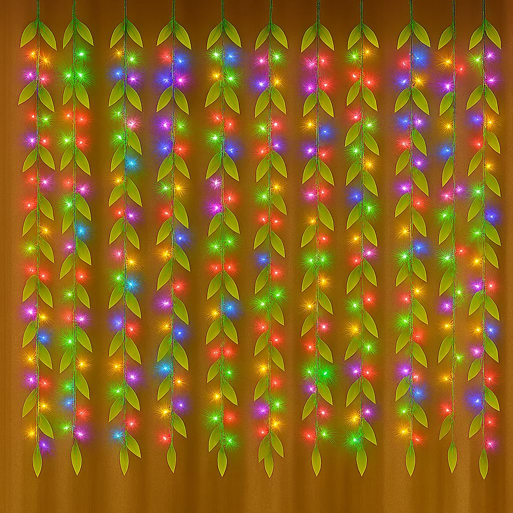 Gesto Artificial Leaf Curtain LED String Lights – Multicolor Fairy Lights with 8 Modes Controller, AC Plug for Home,Room,Wall,Birthday,Wedding & Diwali Decoration, Green Leaf Hanging Lights (10×3 Ft)