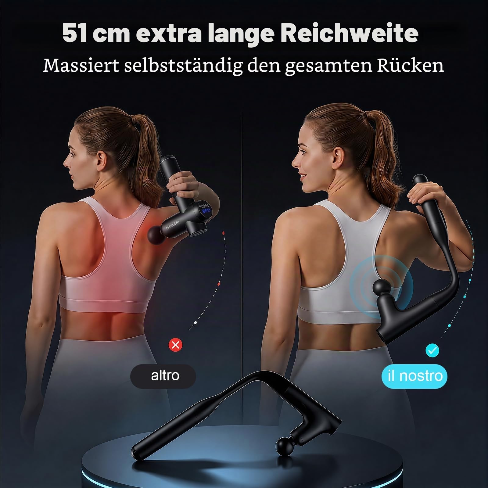 Massagepistole Rücken mit 50cm Verlängerung zur Selbstmassage Gun | 7kg Kraft Turbo Perkussion Deep Tissue Massagegerät für Muskelentspannung, 4 Stufen 4 Köpfe USB-C Laden Handmassagegerät