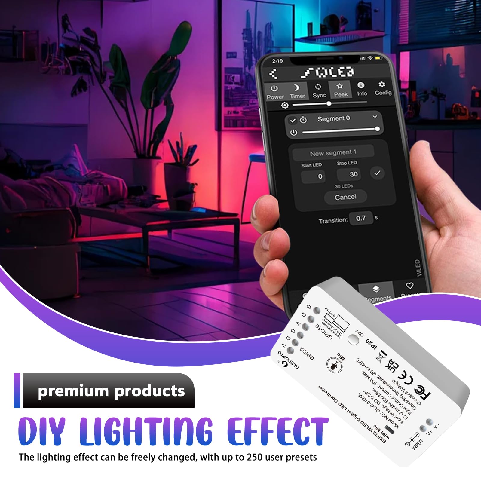 WLED Controller ESP32 Mit Mic Funktion, Digital LED Strip Light Controller, WLED Addressable Strip Controllers Für RGB/RGBW LED-Streifen DC5-24V (WS2811 GS8208 SM16703P SK6812 TM1814)