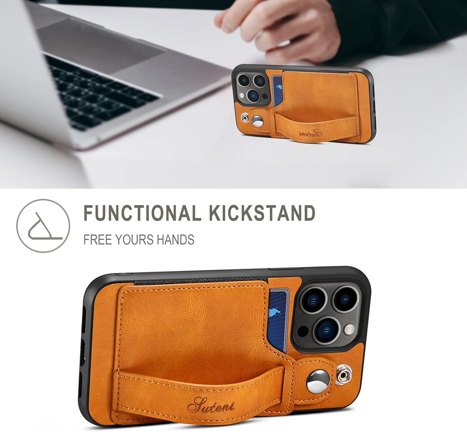 HXY for iPhone 13 Pro Max Case, PU Leather Wallet Case Back with Elastic Card Slot Magnetic Clasp Kickstand Hand Strap Protective Cover for iPhone 13 Pro Max 6.7 inch 2021 (Khaki) - Image 3