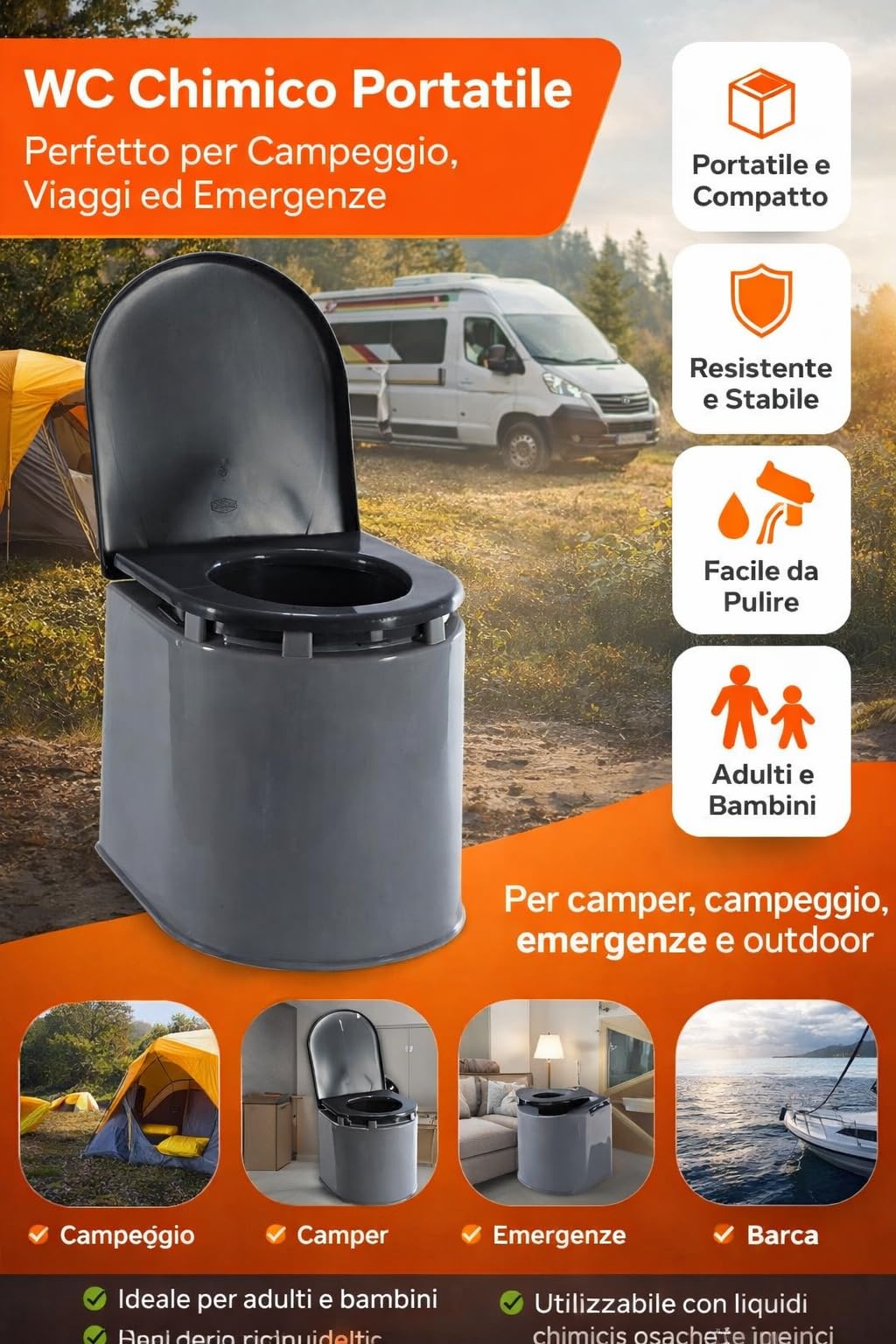 WC Chimico Plastica Portatile – Toilette da Campeggio con Coperchio | Ideale per Camper, Viaggi, Emergenze e Outdoor Dim. 41x36x38h con portata max certificata kg120.