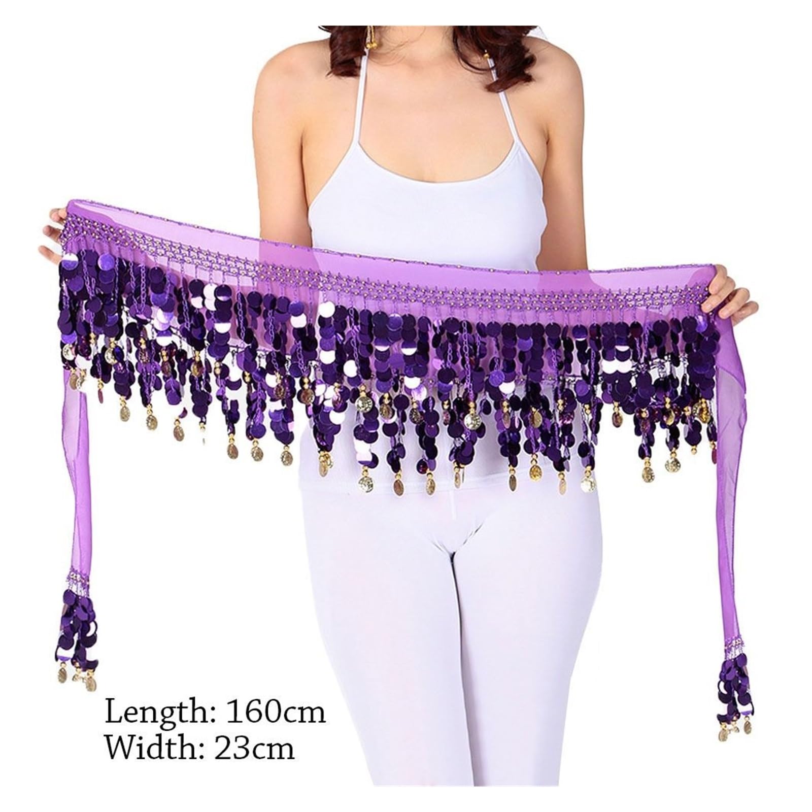 Belly Cintura da danza del ventre con paillettes e pompon per donna, gonna da ballerina, catena in vita, sciarpa per anca