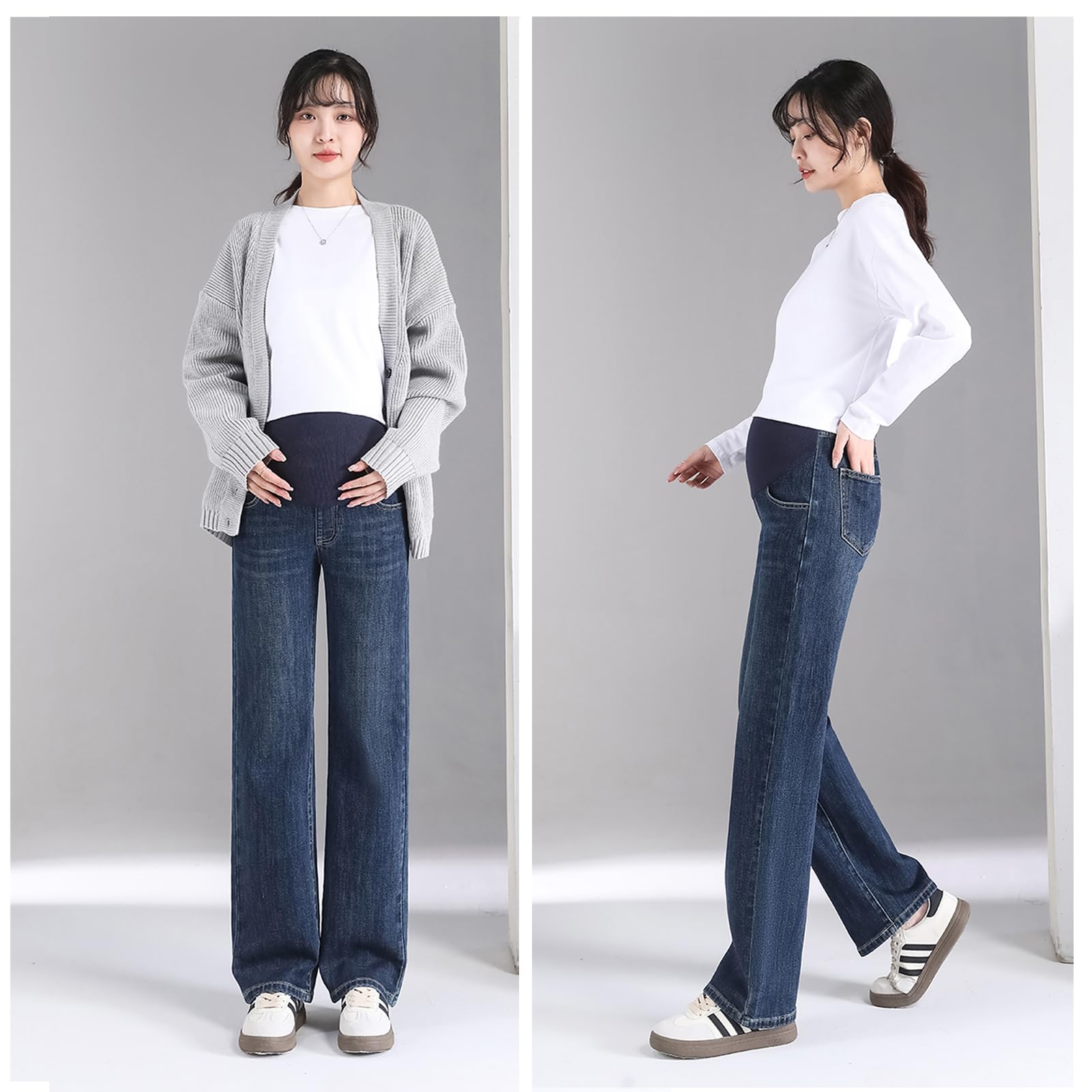 Umstandsjeans, Hose mit weitem Bein, verstellbare Taille, Taschen, modisch und elegant, geeignet für Mädchen unter 170 cm