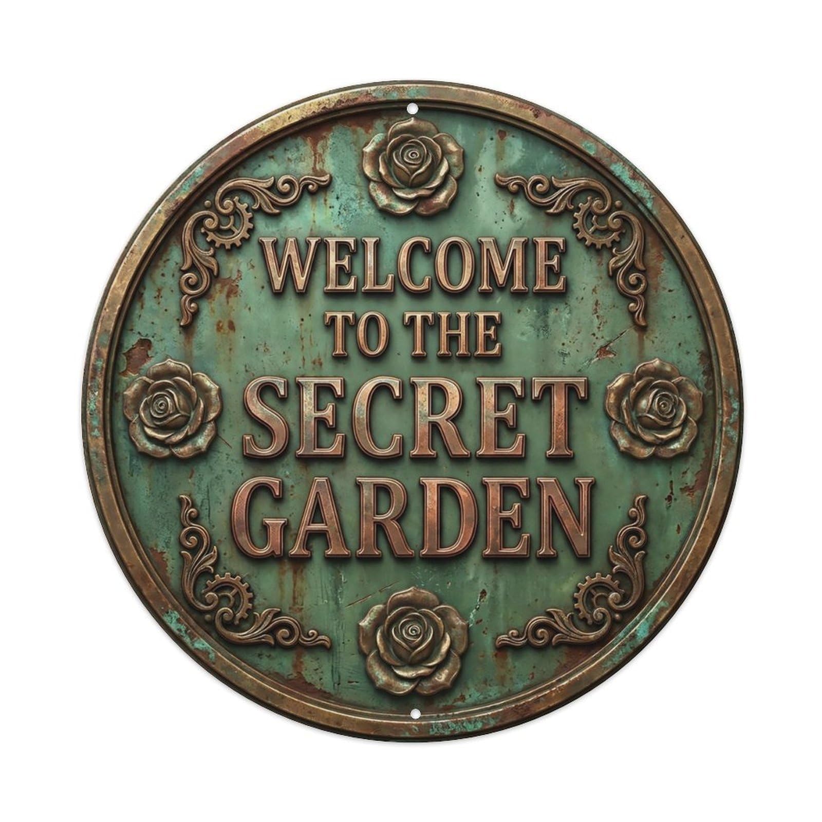Vintage Welcome Secret Garden Brass Olive Floral Metal Tin Sign