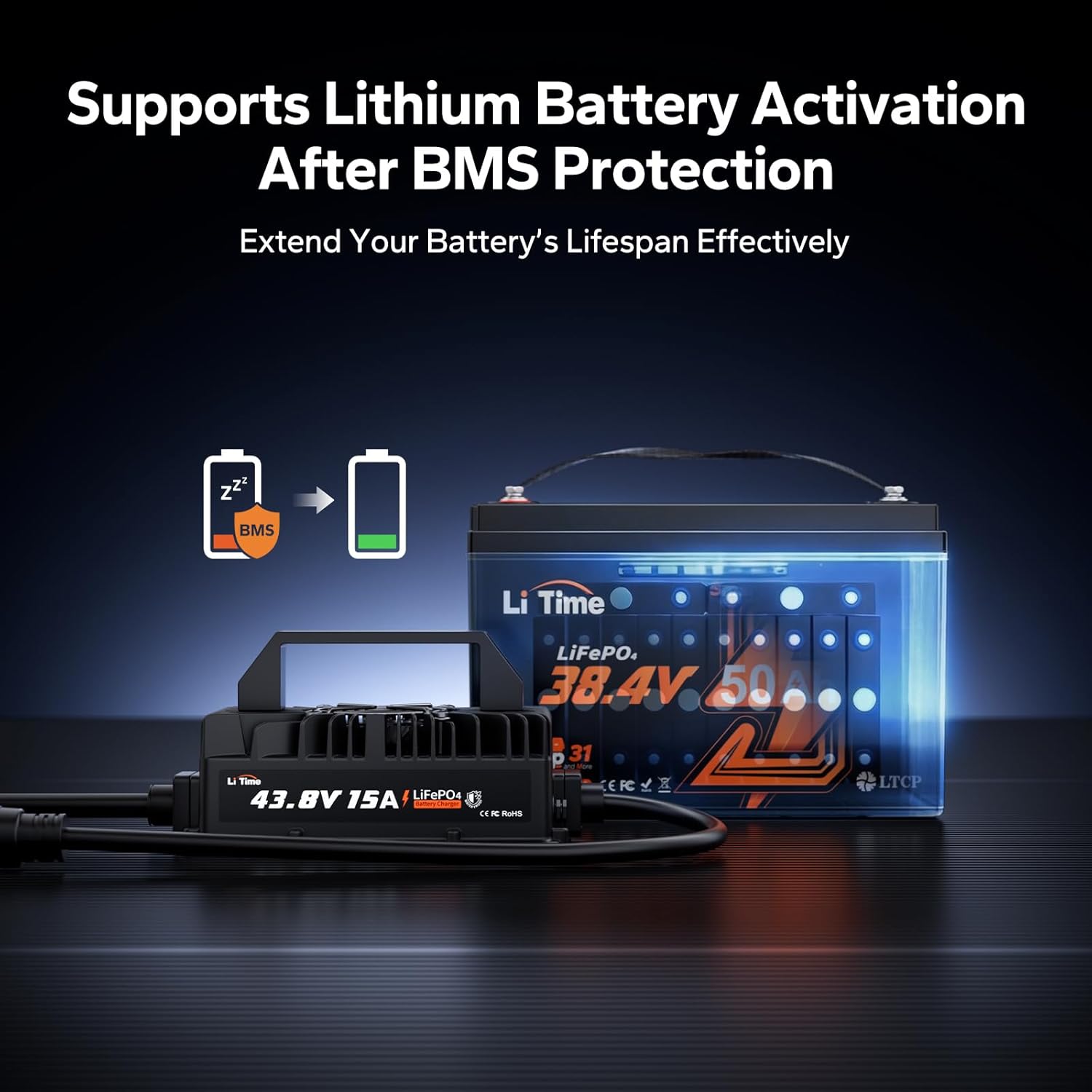 LiTime 36V (43.8V) 15A Lithium Battery Charger, IP66 Waterproof AC-DC LiFePO4 Battery Charger Support 0V Wake Up, Overcharge & High-Temp Protection Trickle Charger for Golf Cart, RV, Boat