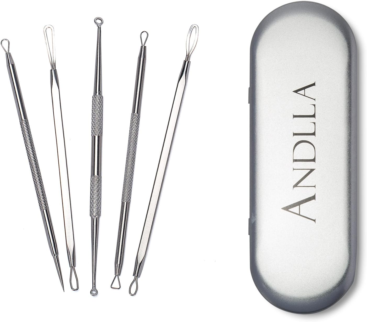 ANDLLA Stainless steel Blackhead Removal Kit For Primple Comedone And Blemish Whitehead Extractor Tool With Travel Metal Case