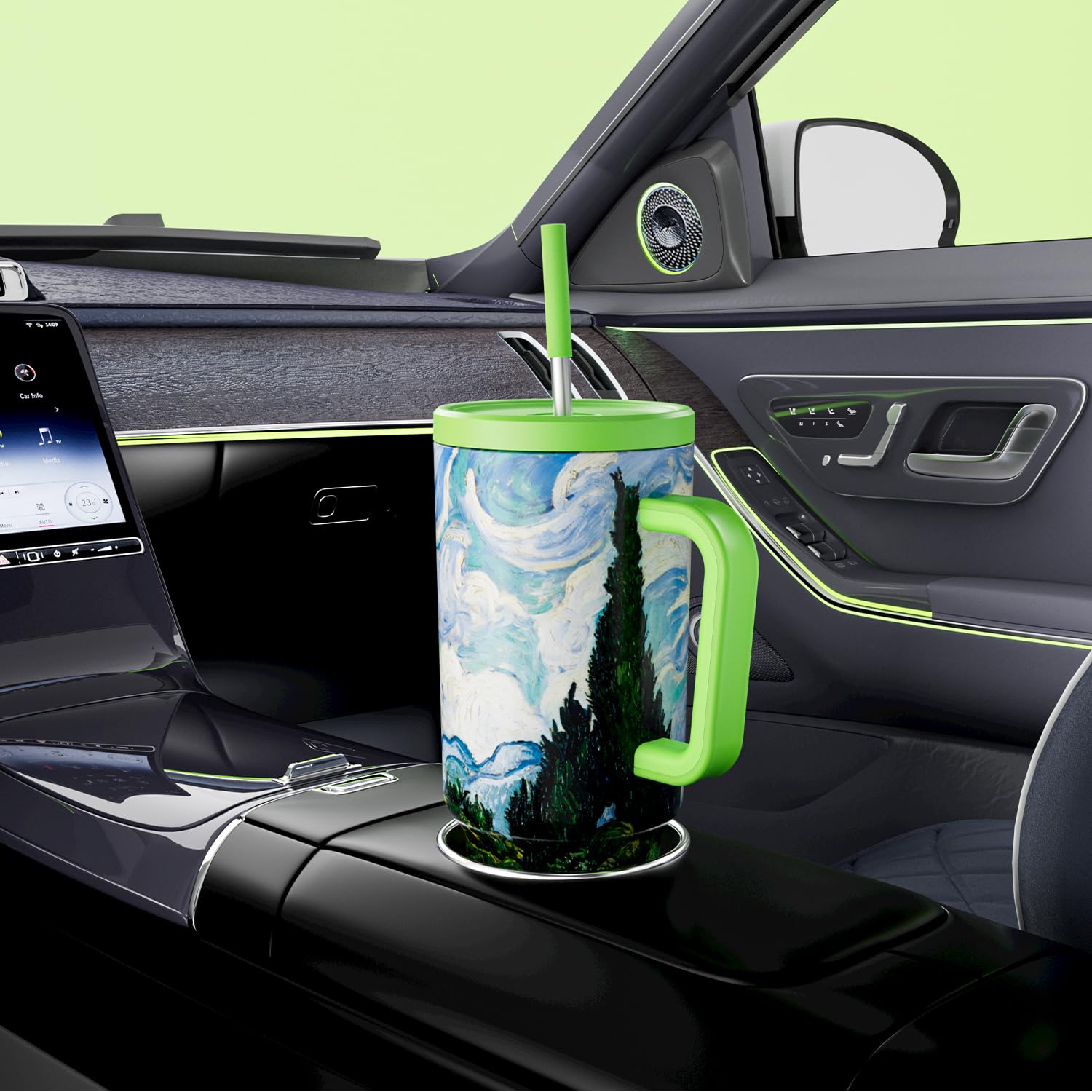 Meoky Vaso de 40 onzas con asa y popote: vaso aislado de acero inoxidable con tapa y pajita, vaso 100% a prueba de fugas para portavasos de coche, viajeros, trabajadores de viaje, ciprés