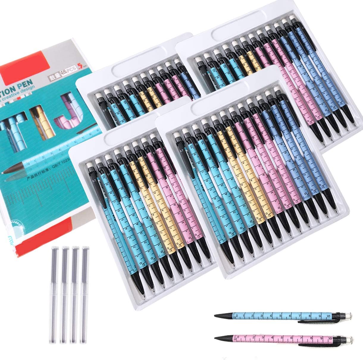 Magicdo® 48 Pcs Mechanical Pencils 0.7mm Drafting Pencil, Assorted Color Degree Scale Barrels Propelling Pencils Twist Eraser Click Pencils Multi-functional Pencil Set with 4 Set Refills Lead