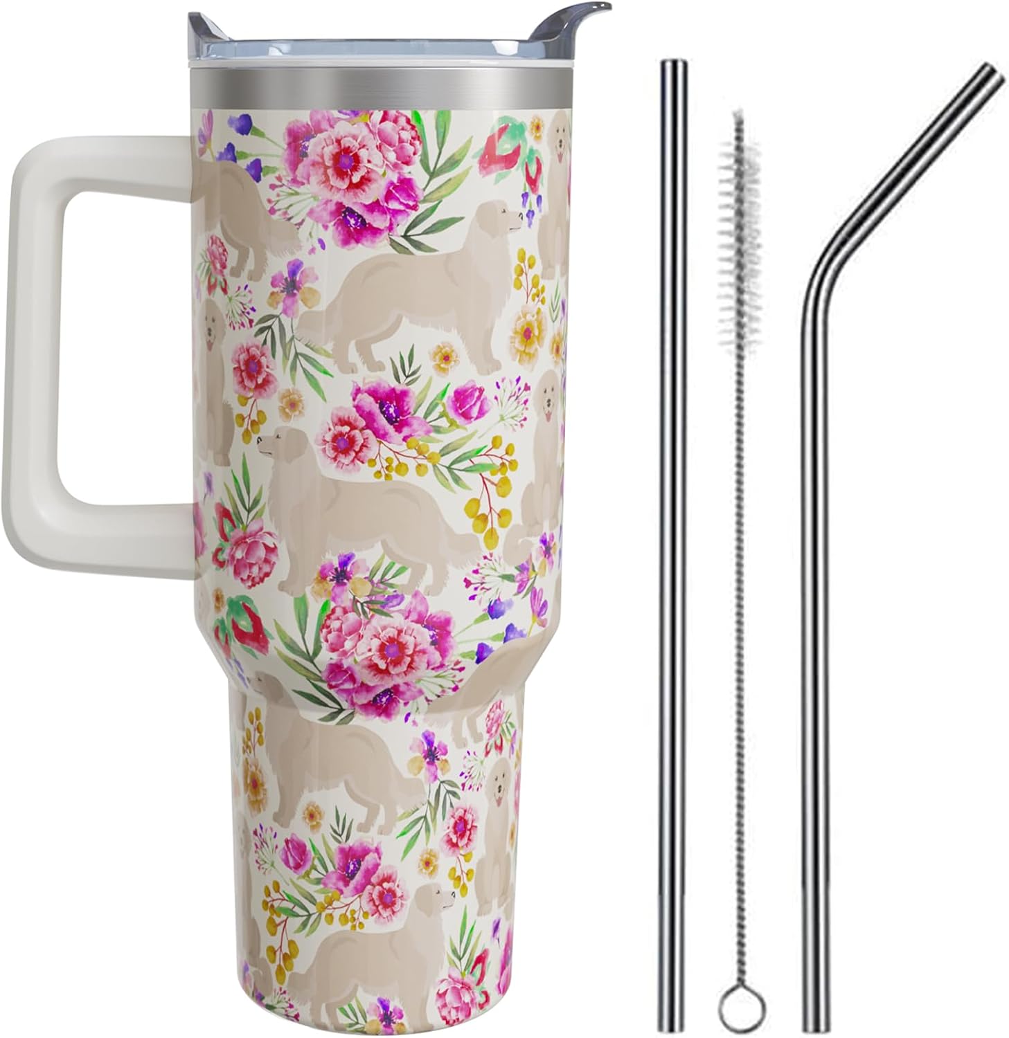 German Shepherd Gifts for Women Dog Lovers 40 oz Floral German Shepherd Tumblers with Handle and Straw, Stainless Steel Vacuum Insulated Travel Coffee Mug Cup Water Bottle