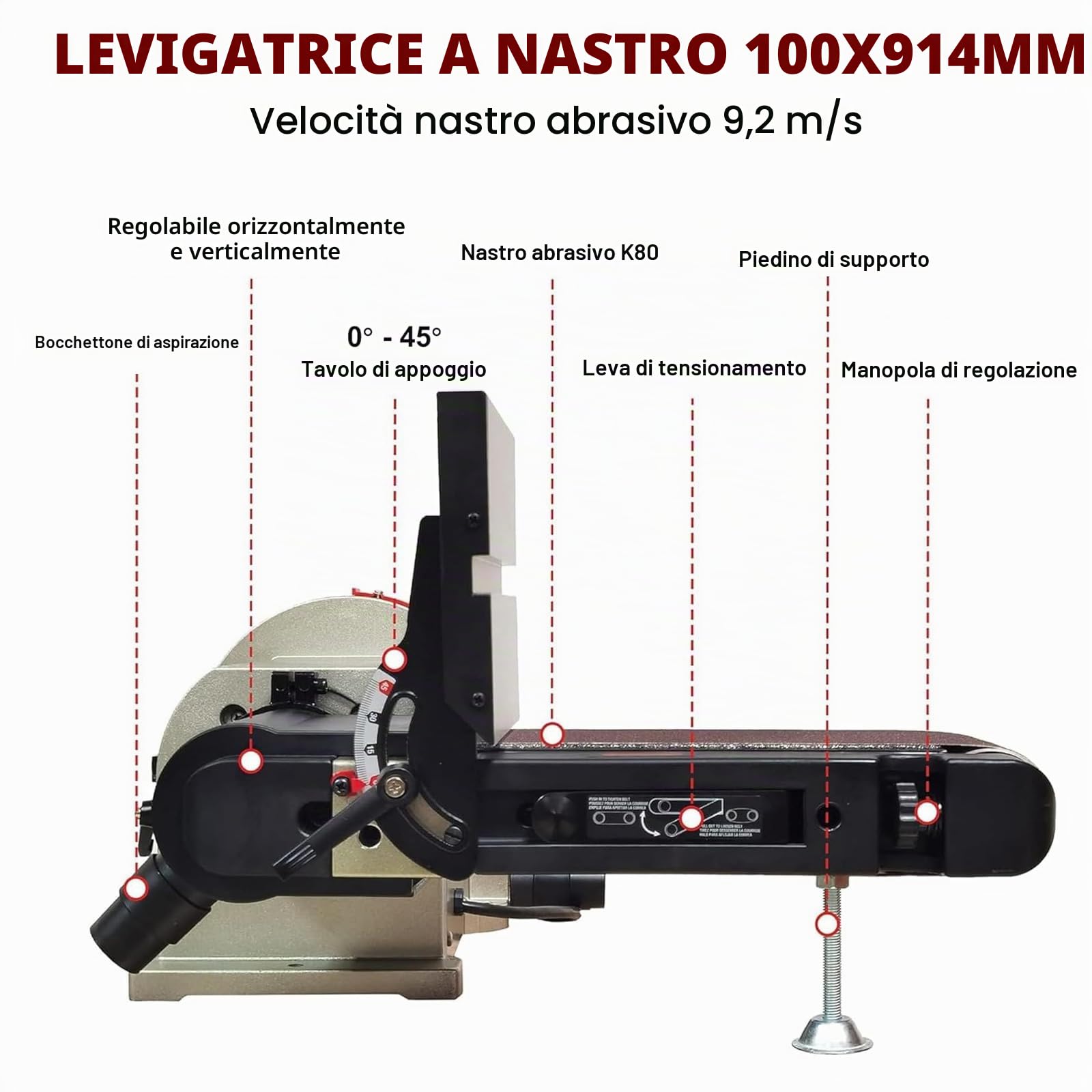 BUCKTOOL Levigatrice a nastro da 500 W, 100 x 914 mm e 150 mm, levigatrice | Velocità del nastro di 9,2 m/s e 2980 giri/min, azionamento diretto per la lavorazione del legno, levigatura di bordi