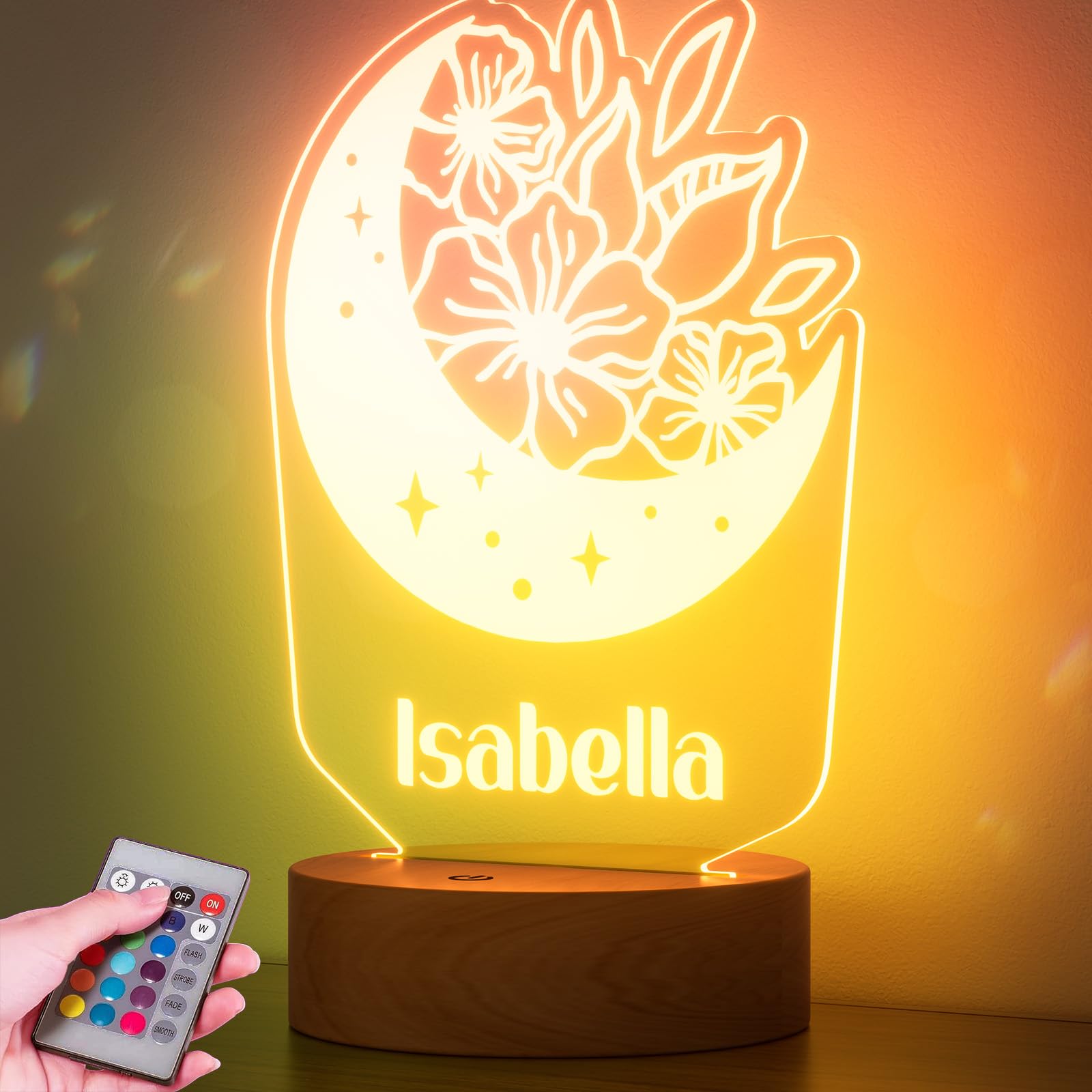 Burst Bird Personalized Baby Gift Name Night Light for Kids Girls Boys Nursery Decor with Flower Acrylic Nursery Night Light ?Includes Remote and
