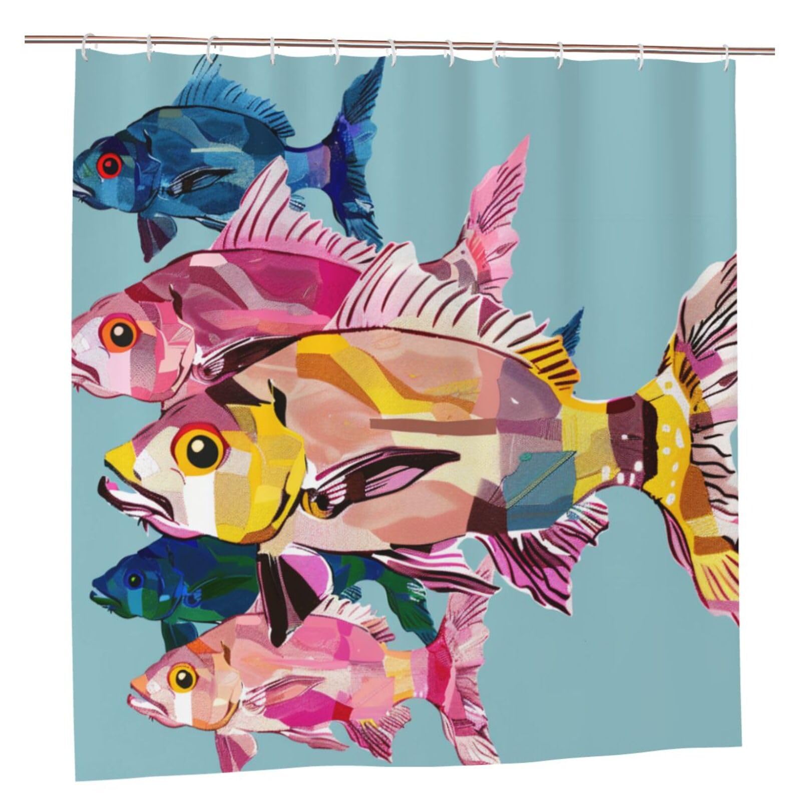 BWWHCCTI Colorful Fish Cartoon Printed Shower Curtain With 12 Plastic Hooks Opaque Quick Drying Waterproof Shower Curtains Sets For Bathroom 183x183 CM