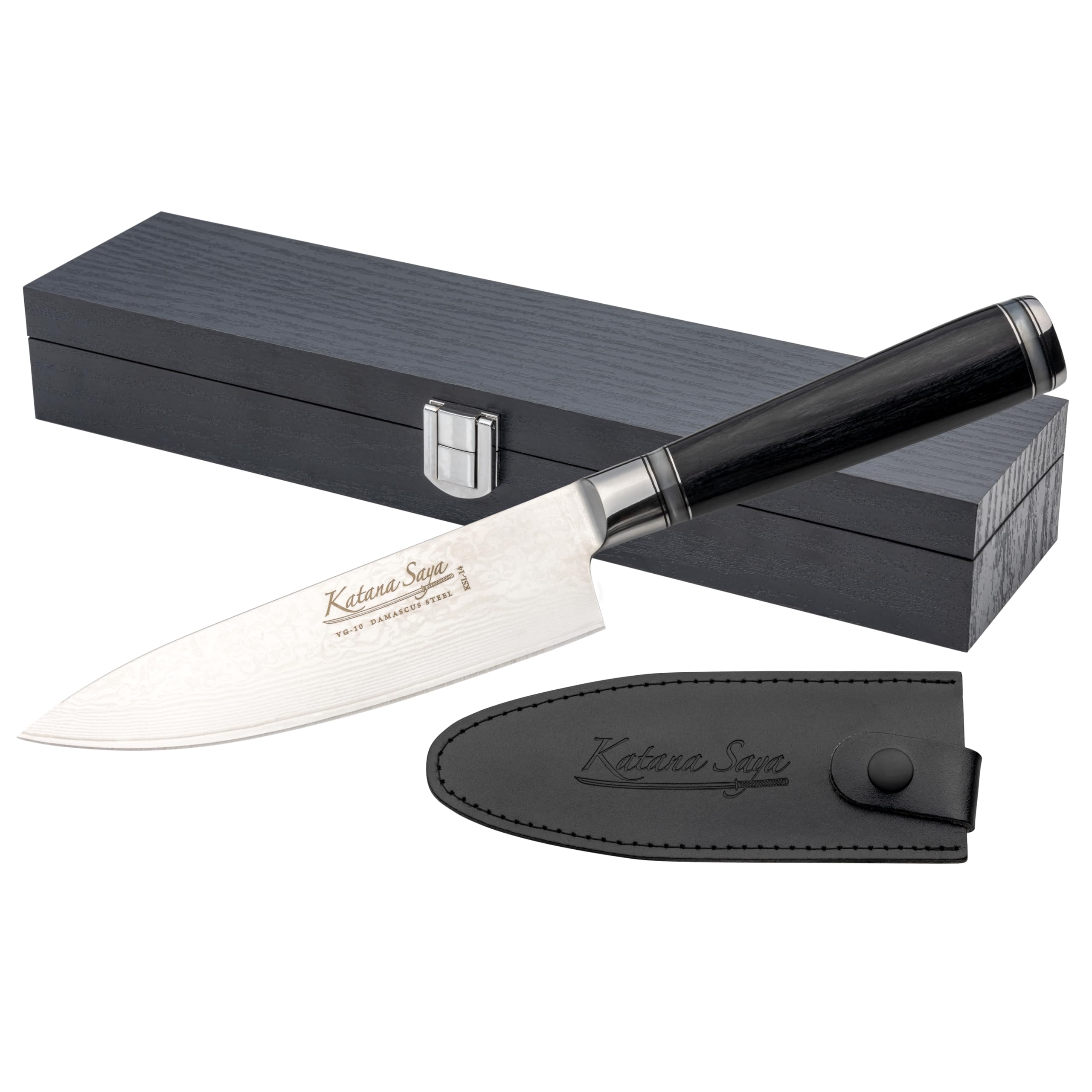 Katana Saya Pakkawood 15cm Chef's Knife, Japanese 67-Layer VG-10 Damascus Stainless Steel, Black Pakkawood Handle, Japanese Style Kitchen Knife