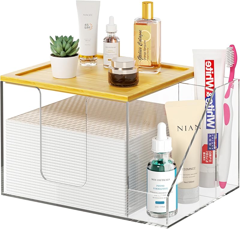 Porta-toalhas faciais descartáveis VITVITI com tampa de bambu e suporte para escovas de dentes, acrílico transparente, 3 compartimentos, modelo SNH025