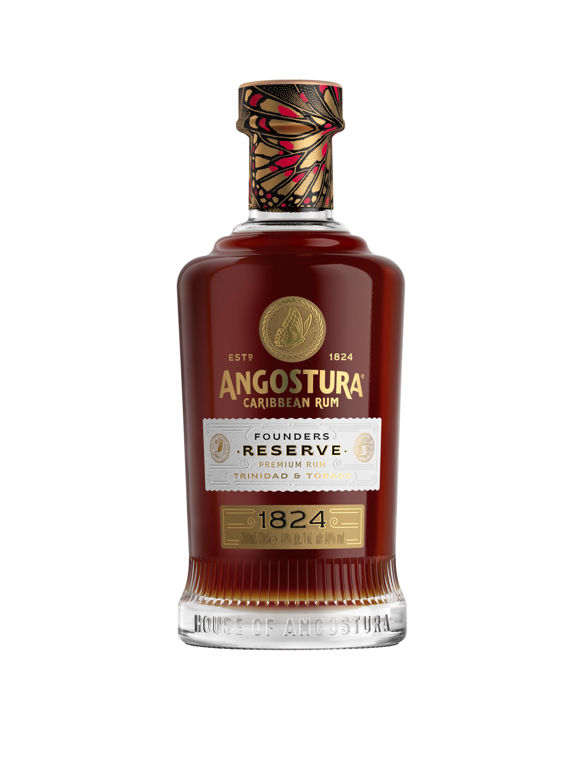 Angostura 1824 Founders Reserve | Premium Caribbean Rum | 40% ABV | | Blend of mature rums aged in charred oak | Rich bouquet of baked spices, burnt sugar & oak | Subtle notes of raisin & vanilla (70cl)