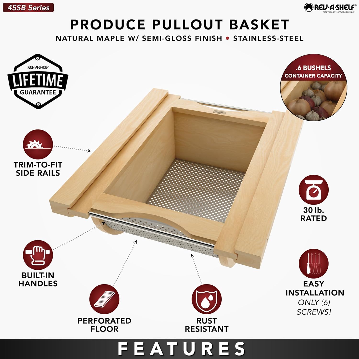 Rev-A-Shelf Natural Maple/Stainless-Steel Produce Basket for 18” Base Cabinets