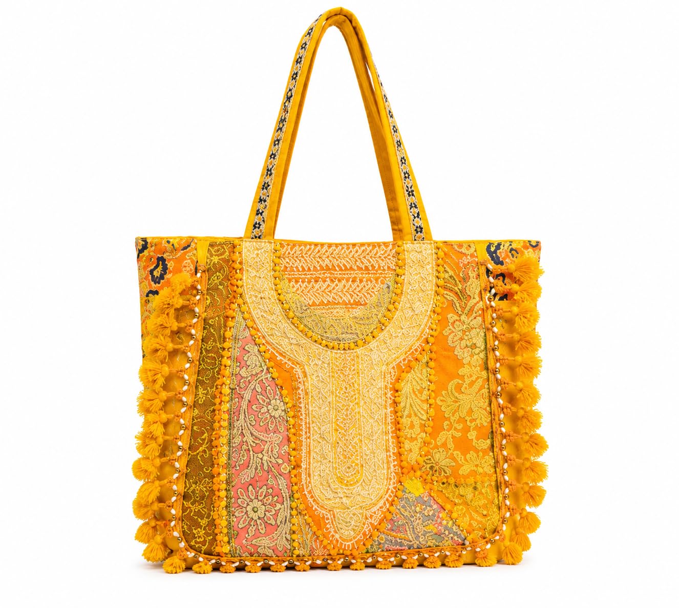 Yellow Tote Bag for Women, Handmade Rajasthani Handicraft Embroidered Patchwork Shoulder Bag, Boho Ethnic Fabric Handbag, Designer Shopping Tote with Tassel-image-0
