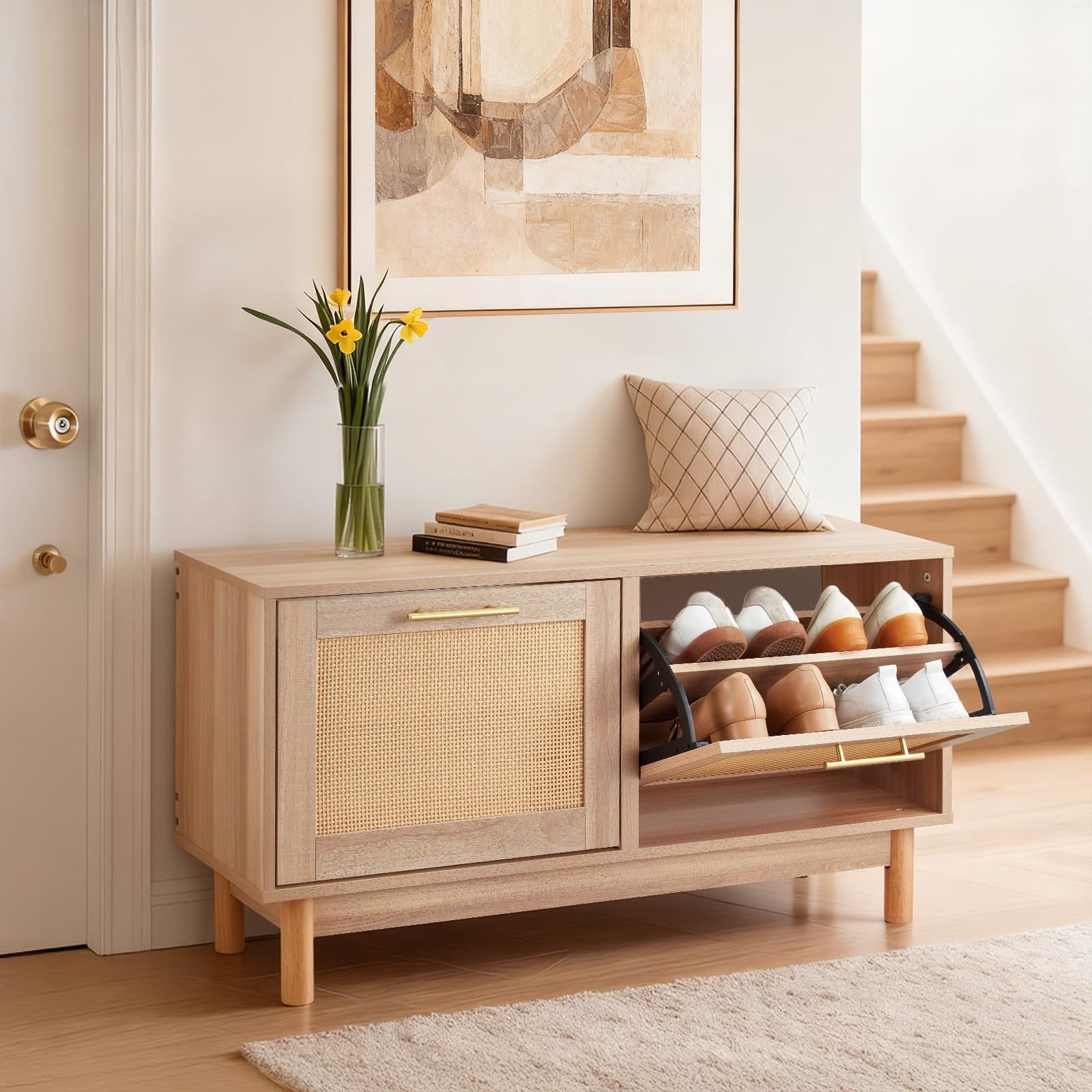 Amazon.com: VEVOR Rattan Shoe Storage Bench, Entryway Bench with 2