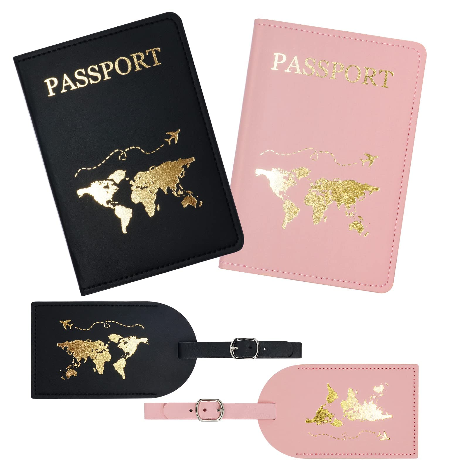 Luggage Tags, 2 Pcs Airplane Passport Covers and 2 Pcs Luggage Tags, Passport Holder Travel Suitcase Tag Case Organizer, PU Leahter Luggage Tags Privacy Protection Travel Bag Labels Suitcase Tags Pink + Black