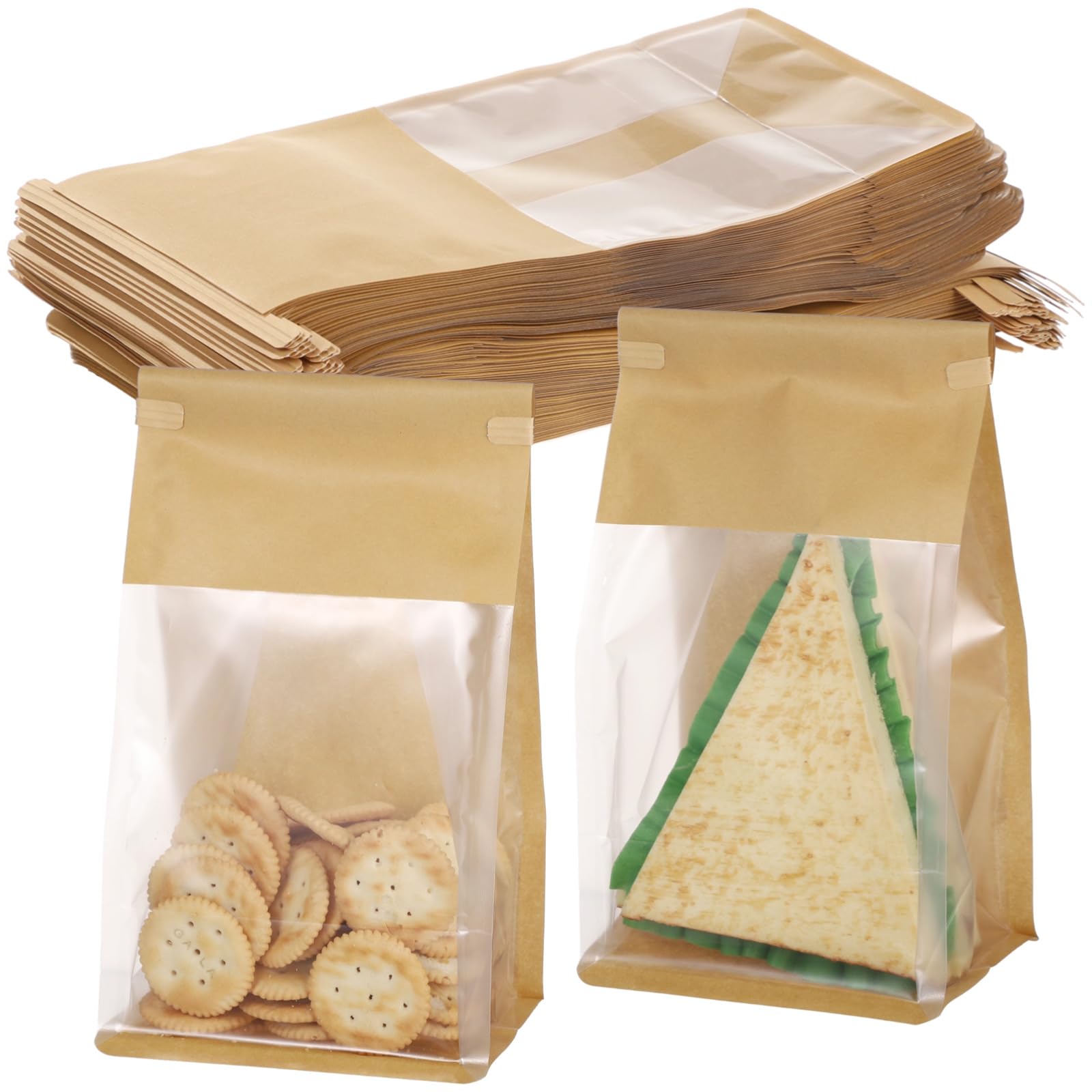 YOFAPA 100 Pcs Kraft Paper Bread Loaf Bags with Window, Tin Tie Tab Lock Bakery Packaging for Bread, Pastries, Cookies, Versatile Food Storage and Gifting