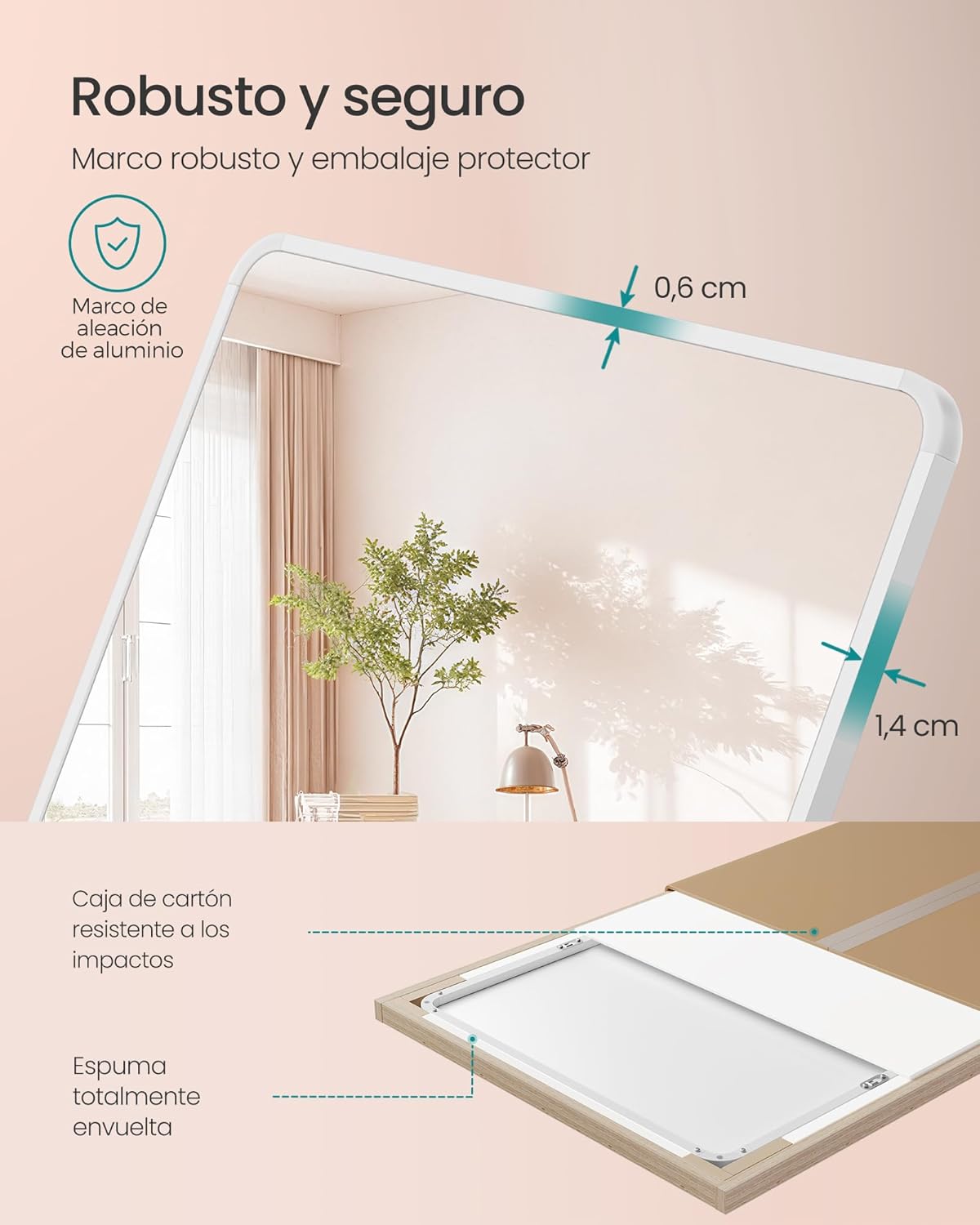 Image showing the robust aluminum alloy frame and protective packaging of the mirror.