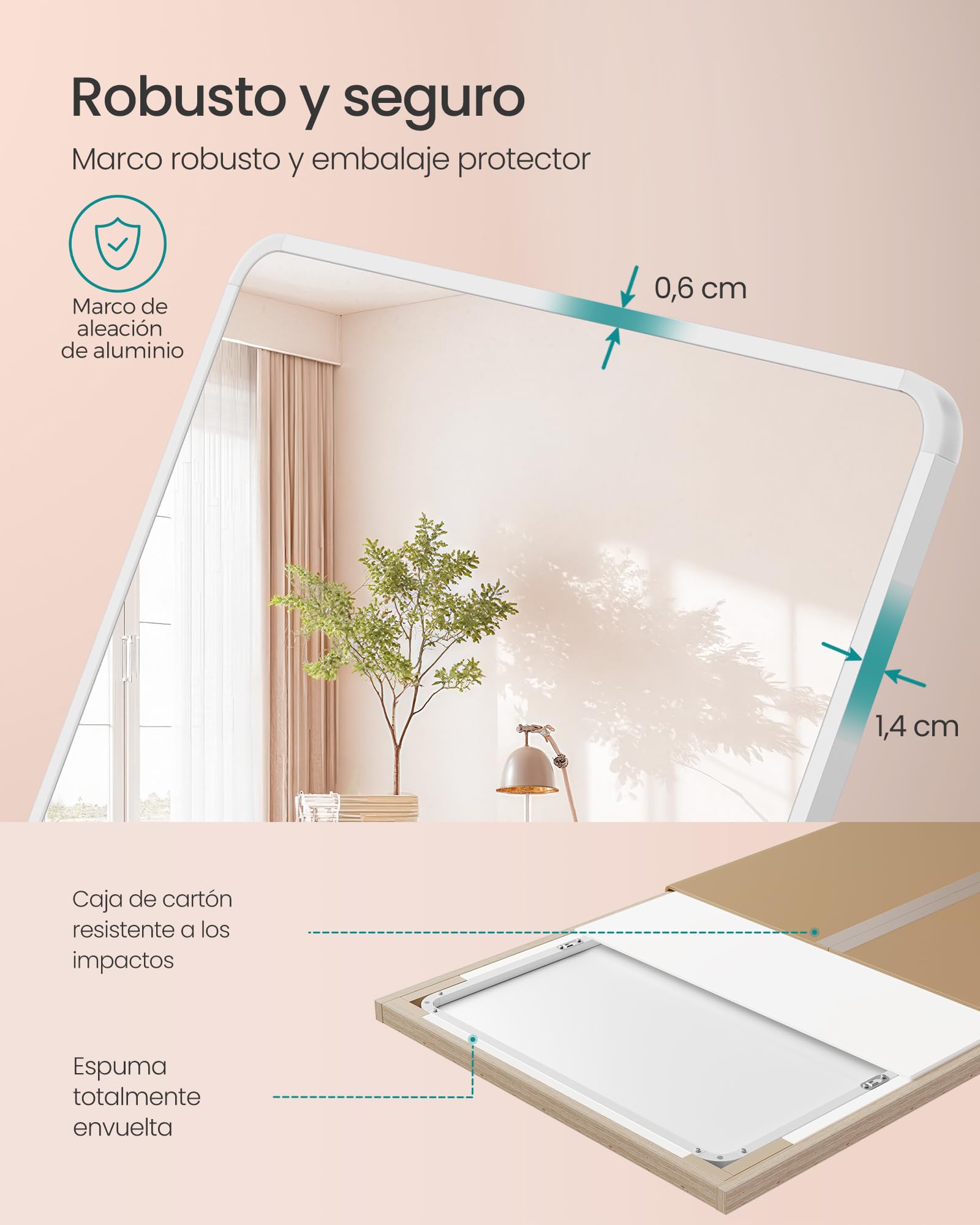 SONGMICS Espejo de Cuerpo Entero, 160 x 50 cm, Espejo de Pie Rectangular con Soporte, con Marco de Aleación de Aluminio, Cristal Templado, para Dormitorio, Salón, Vestuario, Blanco Mate LFM030WC01