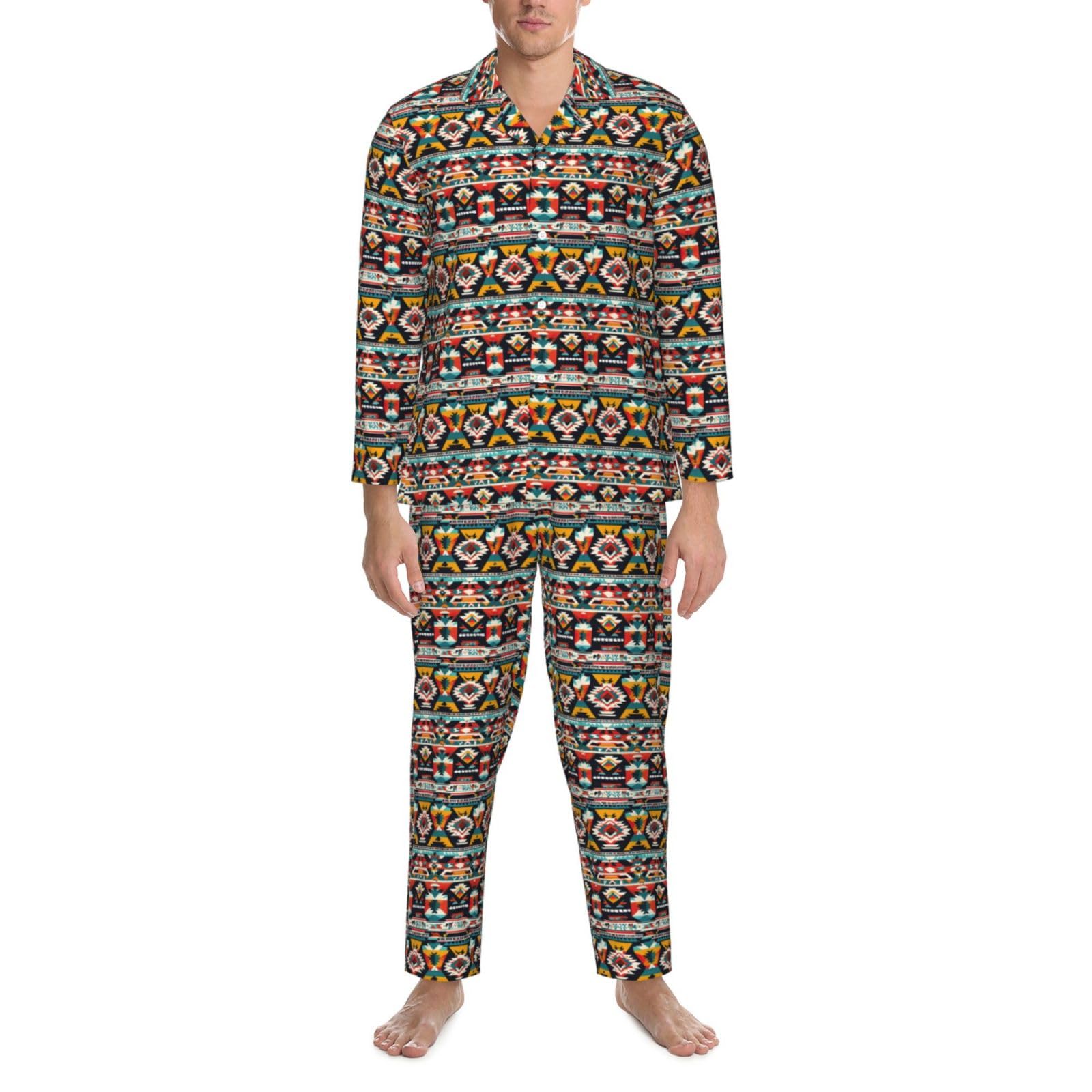 Herren-Pyjama-Set mit Indianer-Muster, langärmelig, zweiteilig, Hauskleidung, bequeme Nachtwäsche