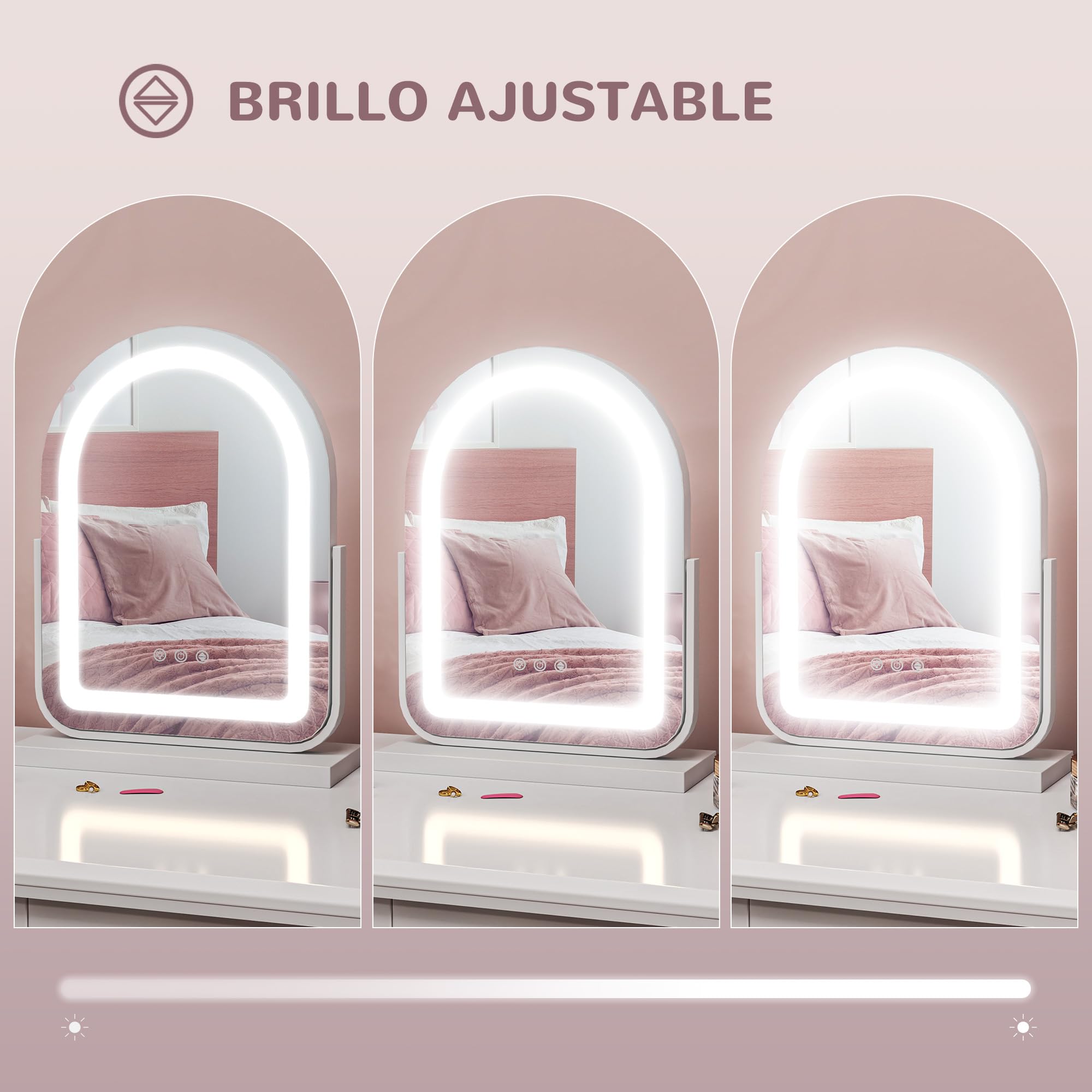 HOMCOM Espejo Maquillaje con Luz LED Espejo Tocador Giratorio con 3 Modos de Iluminación Ajustables Interruptor Táctil Rotación Regulable de 360° y Función de Memoria Blanco