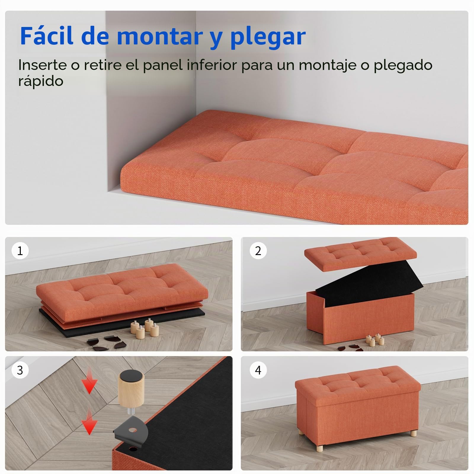 BRIAN & DANY Puff Almacenaje, Baul Almacenaje Dormitorio, Banco Almacenaje con Pies de Taburete, Naranja, 76 x 38 x 38 cm