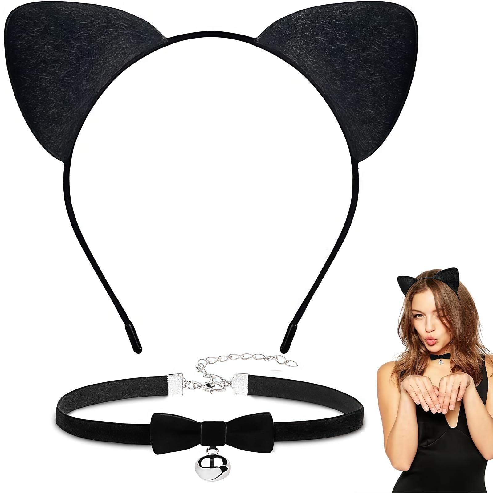 Set, Cat Ears Headband with Bow and Bell, Cat Costume Accessories, Choker Necklace for Women, Girls, Kids for Party, Cosplay, Party (Black)