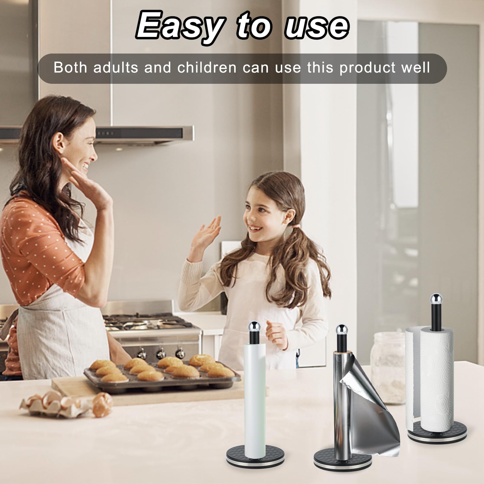 Dxlac 2 Pack Standing Paper Towel Holder, Black Kitchen Countertop Stand for Standard and Large Size Rolls - Ideal for Bathroom and Kitchen Organization and Storage