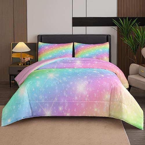 NINENINE Juego de ropa de cama de arcoíris, juegos de edredón rosa para niñas, juegos de ropa de cama tamaño matrimonial para niñas, juego de