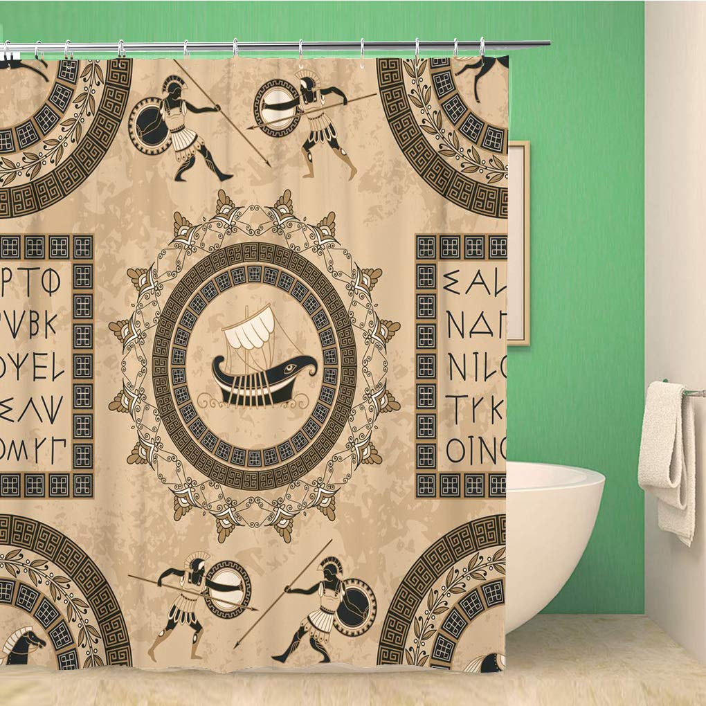 Awowee Decor Shower Curtain Ancient Greek Letters Ships Horses Fighting People and Traditional 152x180cm Polyester Fabric Waterproof Bath Curtains Set with Hooks for Bathroom