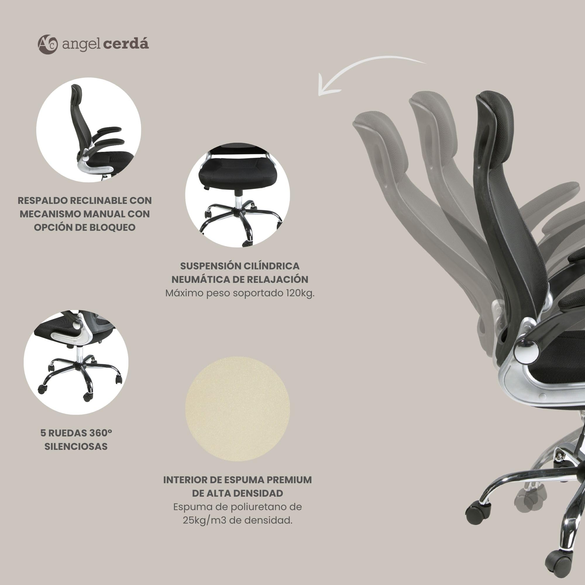 Angel Cerdá – Silla Escritorio Premium Giratoria, Tapizada en Tela Negra | Silla Escritorio Ergonomica Respaldo Ancho y Reposabrazos | Patas Acero Cromado | 66 x 62 x 117 cm
