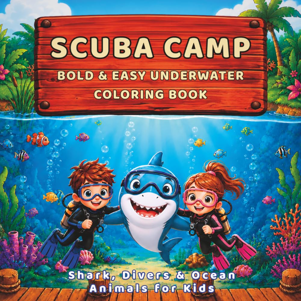SCUBA CAMP: Bold & Easy Underwater Coloring Book with Shark, Divers and Ocean Animals for Kids Ages 4 to 8 (Camp Series: Post-Stamp Coloring Books)
