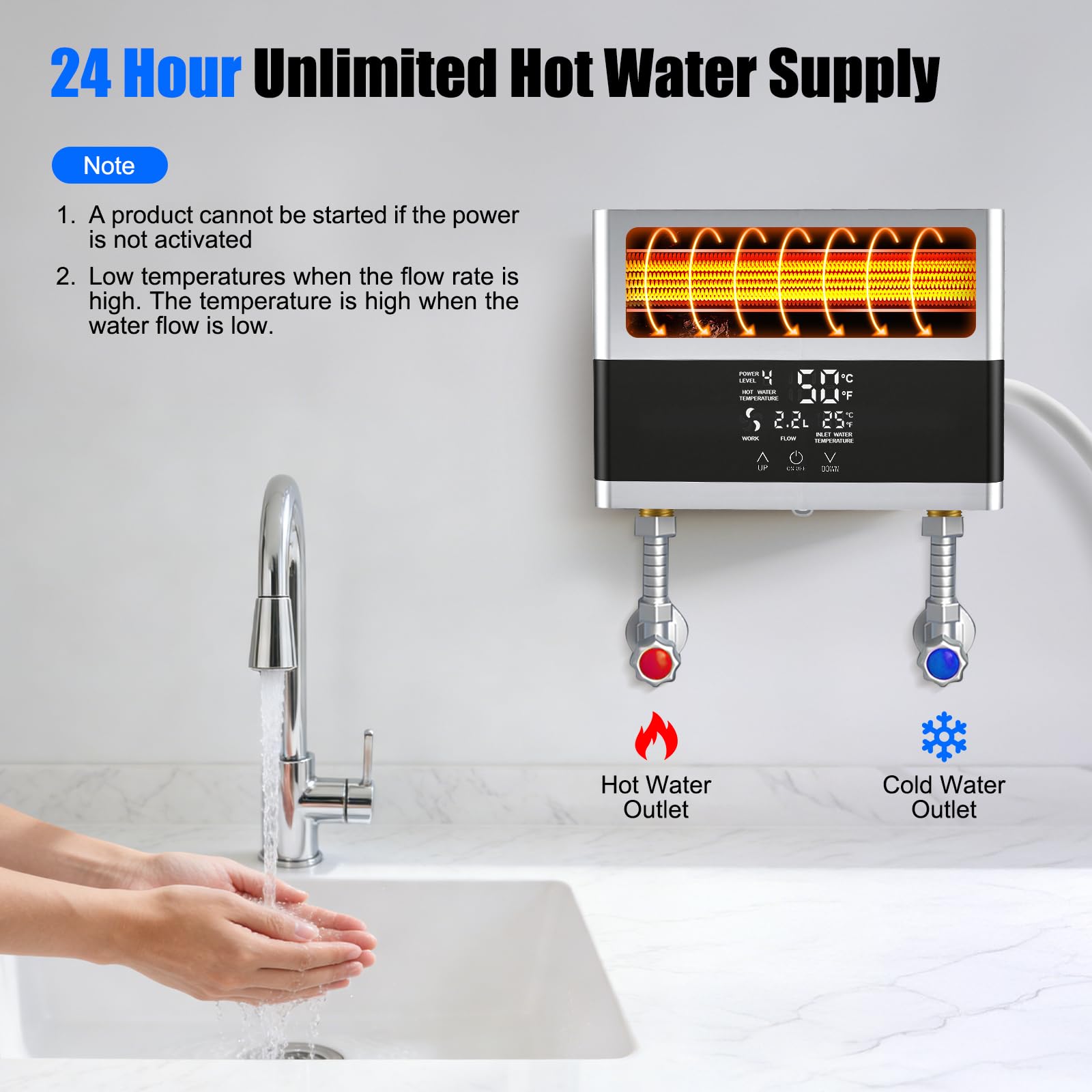 Scaldacqua istantanea da 6000 W, 230 V, con telecomando e display a LED, mini scaldabagno elettrico per doccia e cucina, con soffione doccia, protezione IPX4 per bagno e giardino (argento)