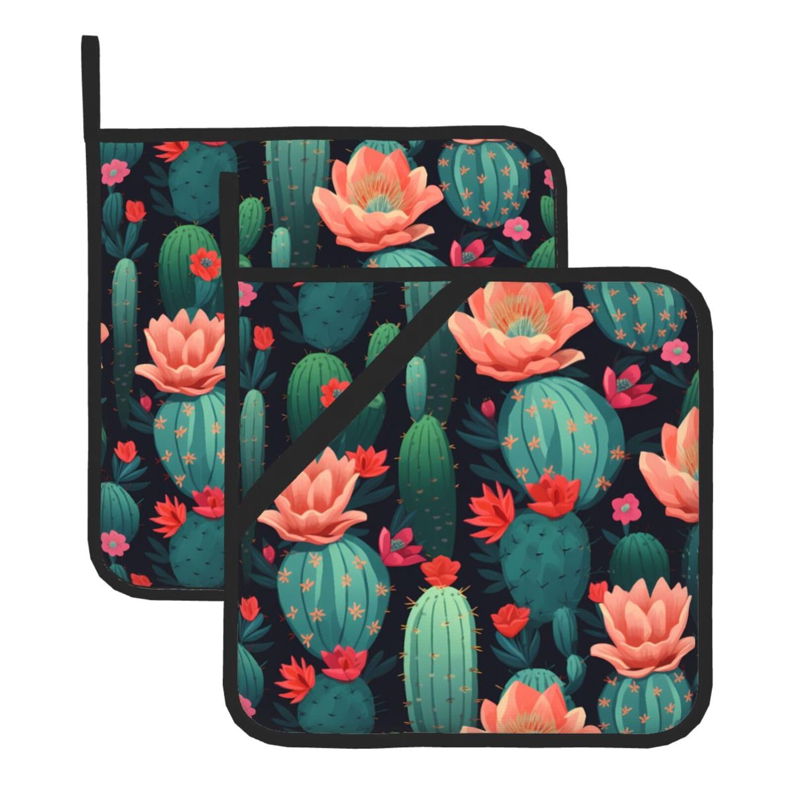 HJFCZH Blooming Cactus Printed Square Insulated Pot Mat Set (2-Piece) 8x8in Waterproof, Thickened & Easy to Clean with Lanyard Design for Kitchen, Oven & BBQ