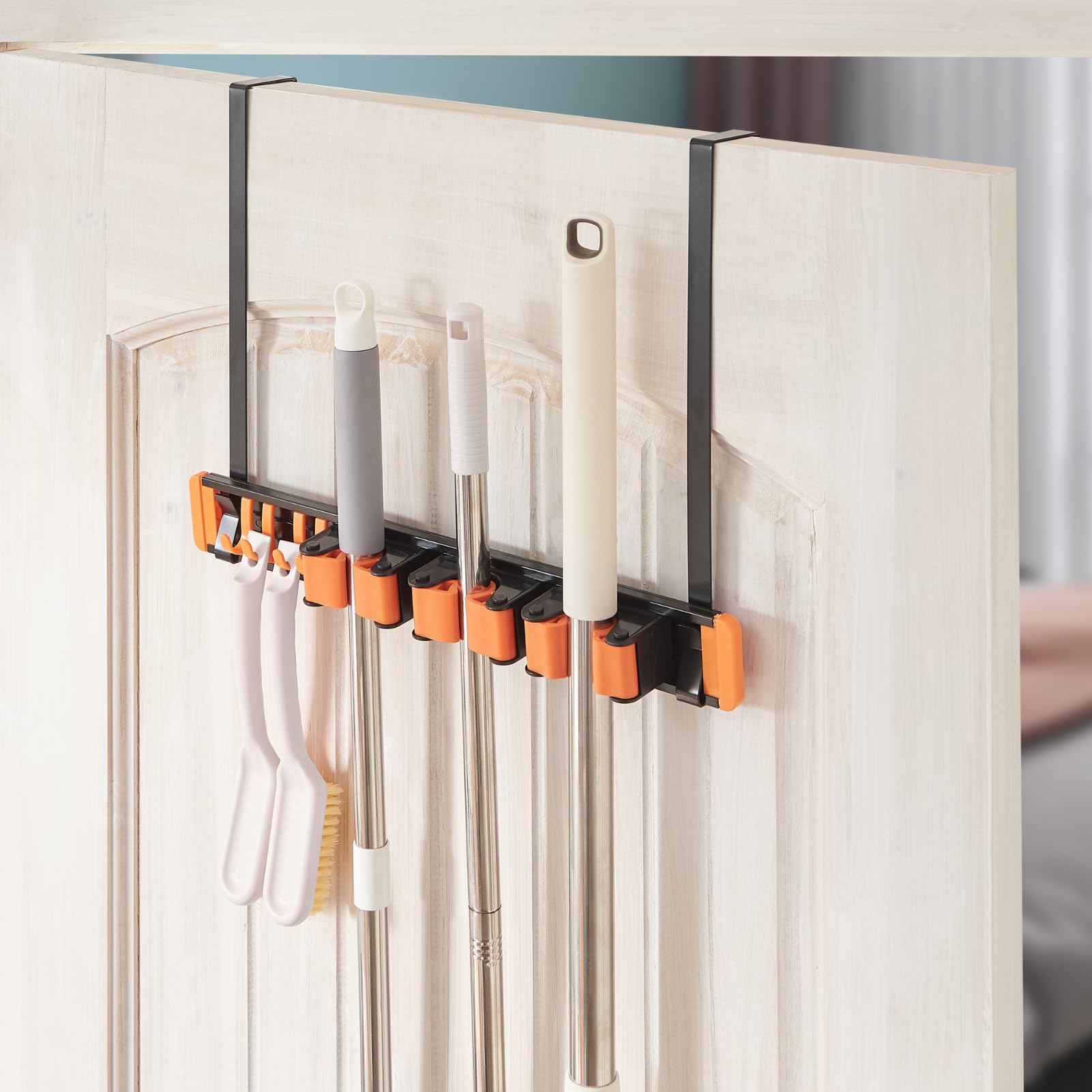 Unjumbly Drilling Free Over-the-Door Mop and Broom Holder - Tool Organizer for Laundry, Garage, Kitchen, Gardening Tools, Shovels, Bathroom, Towels, & Umbrellas, Complete with 2 Over Door Hooks-image-38