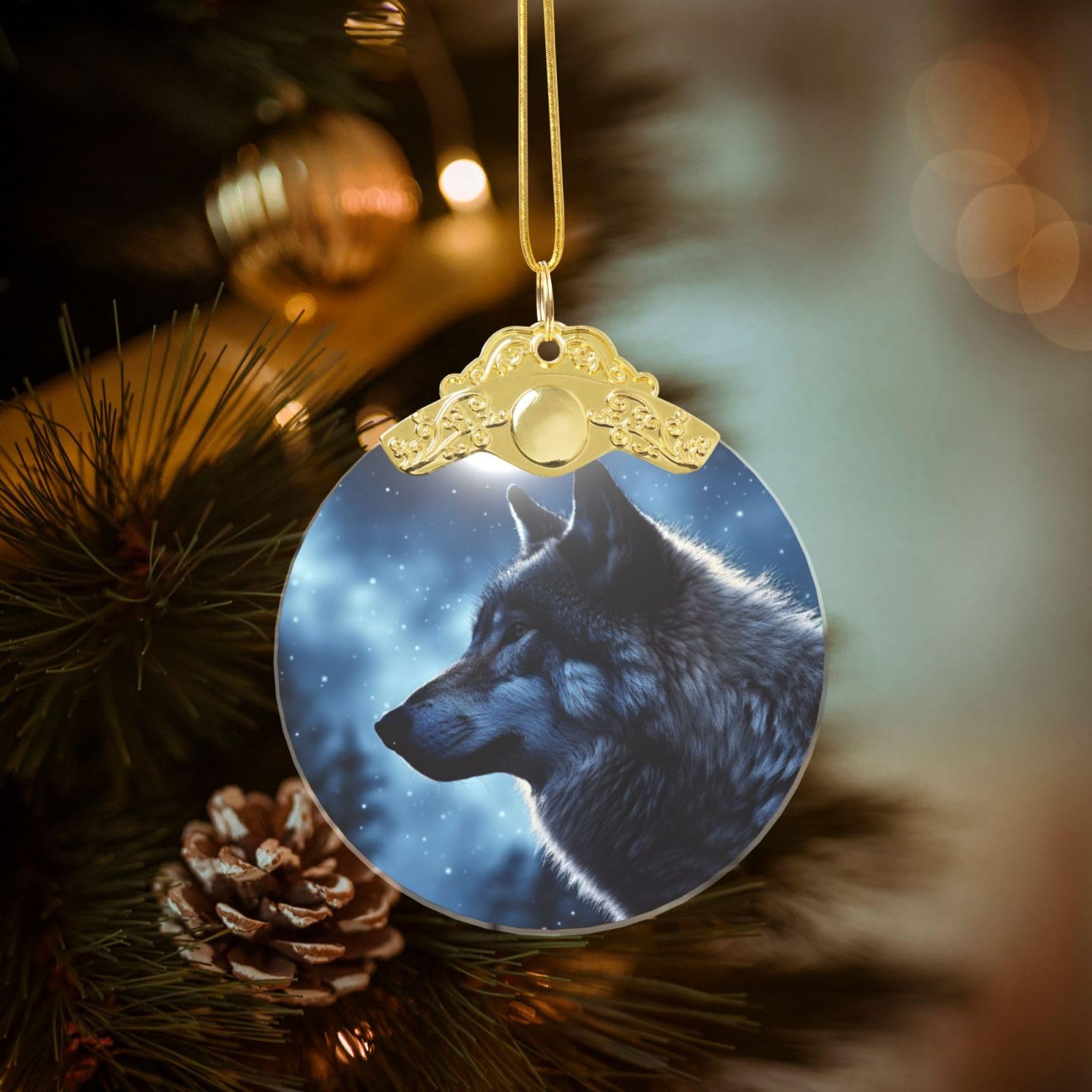 Crystal Christmas Ornaments for Christmas Tree Decoration Hanging Lonely Wolf Ornament with Gold Ribbon Crafts Round Pendant for Keepsake Gifts Glass Xmas Decor Party Supplies