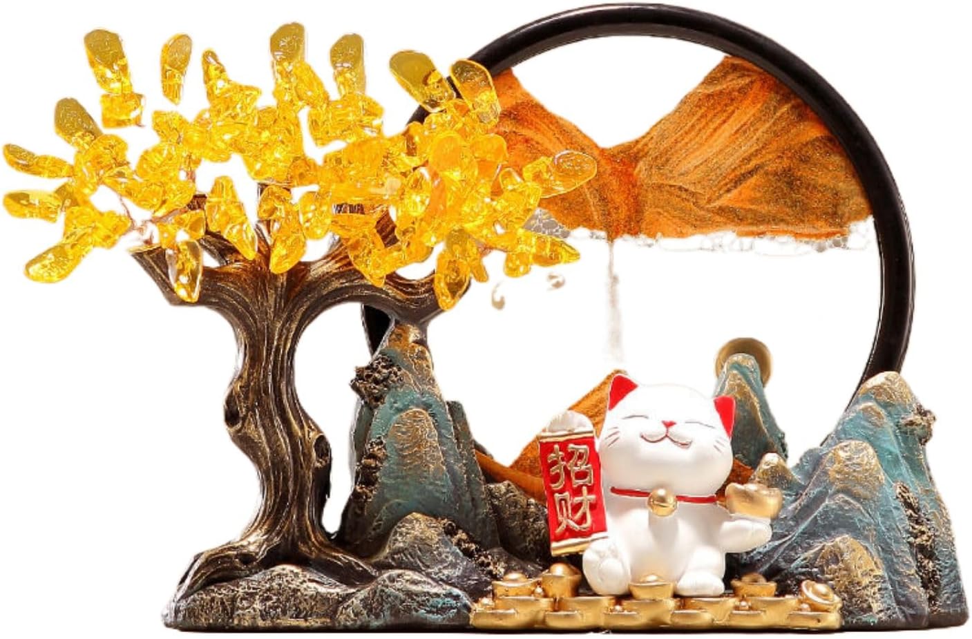 发财树招财猫创意摆件 Feng Shui Figurine Home Office Decor Chinese Gifts 客厅酒柜装饰品流沙招财树脂工艺品 8204