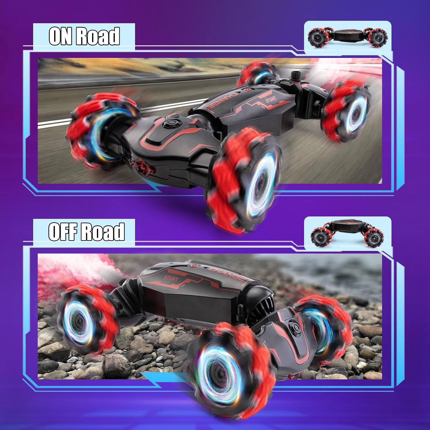 Gesture Sensing RC Stunt Car, 2.4 GHz 4WD Remote Control Car 360° Rotate Transform Off-Road Drift RC Cars with Cool Lights Music, Ideal Presents for Boys Girls for Birthday (Red) - Image 2