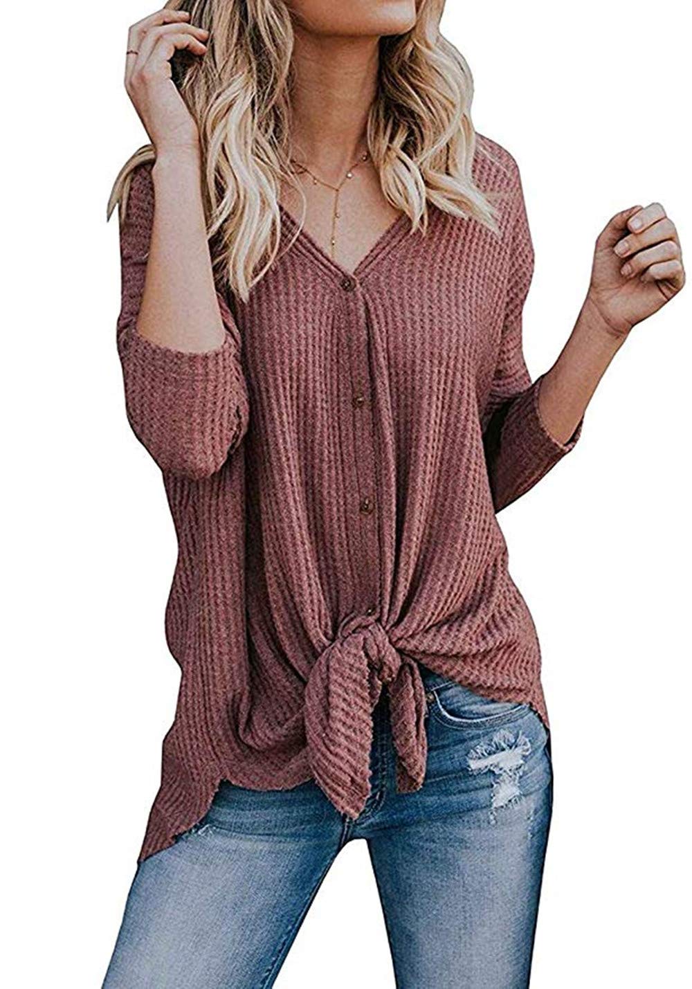 Roselux Womens Waffle Knit Henley Ribbed Shirts Long Sleeve Tunic Blouse Tie Knot Rust red,XL