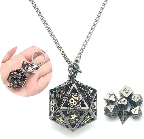 PJOY Juego de dados pequeños DND con estuche de collar hueco D20 negro dorado D20, llavero portátil de 7 piezas, llavero de hierro antiguo, juego de