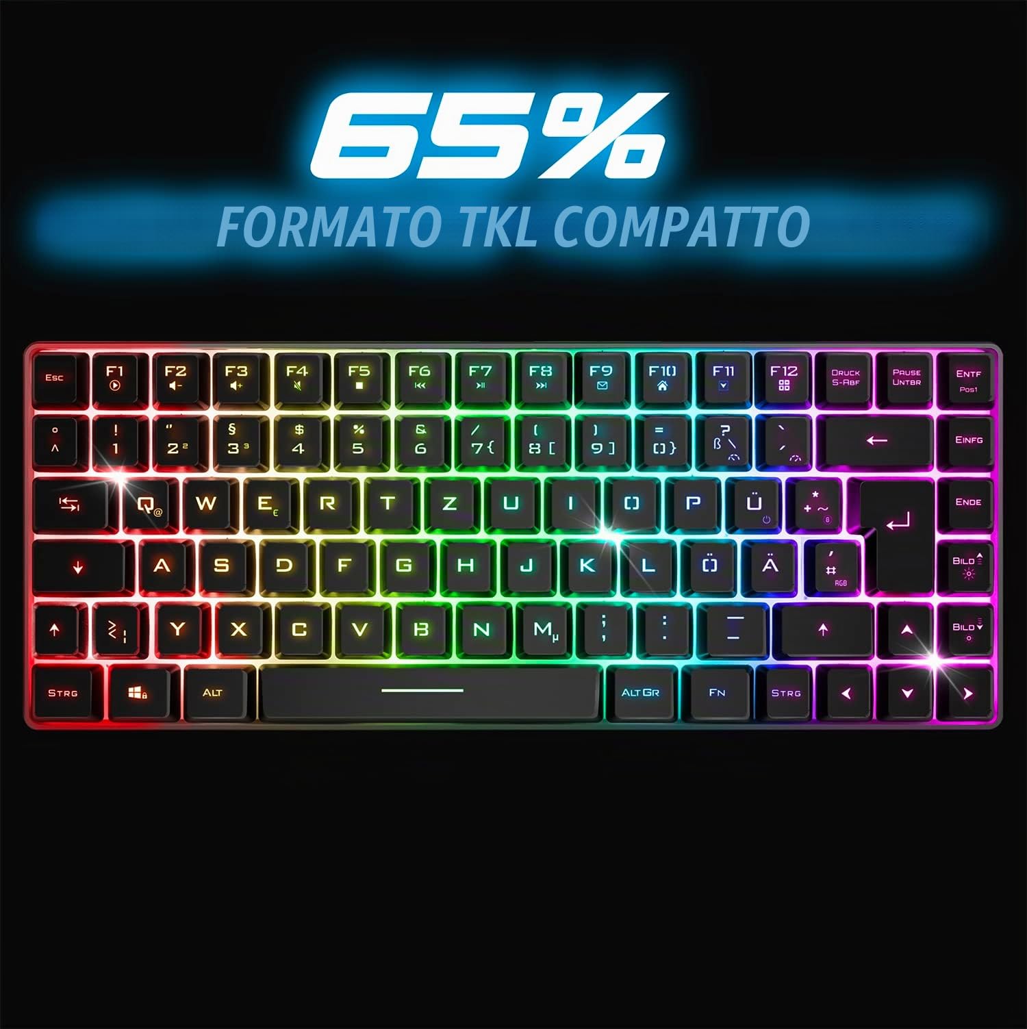 SPIRIT OF GAMER Tastiera wireless Bluetooth TKL RGB QWERTZ | Tasti semi-meccanici con retroilluminazione 25 anti-ghosting | Compatibile PC Smartphone Tablet