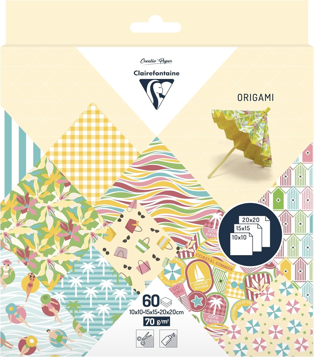 Clairefontaine 95384C 60 Sheets Origami Paper Size case 70gsm 3 Sizes 10x10cm 15x15cm 20x20cm 10 AST Coloured Patterns Adult Creative Leisure French Riviera