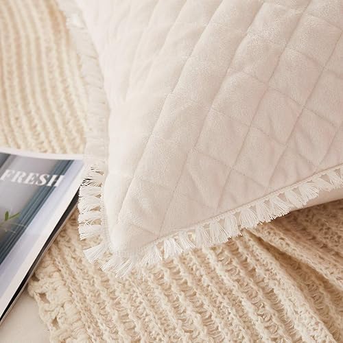 Miniatura 4 de JAUXIO Juego de 2 fundas de almohada de terciopelo acolchadas con diamantes y borlas decorativas, con flecos, cierre de cremallera cálido (crema,