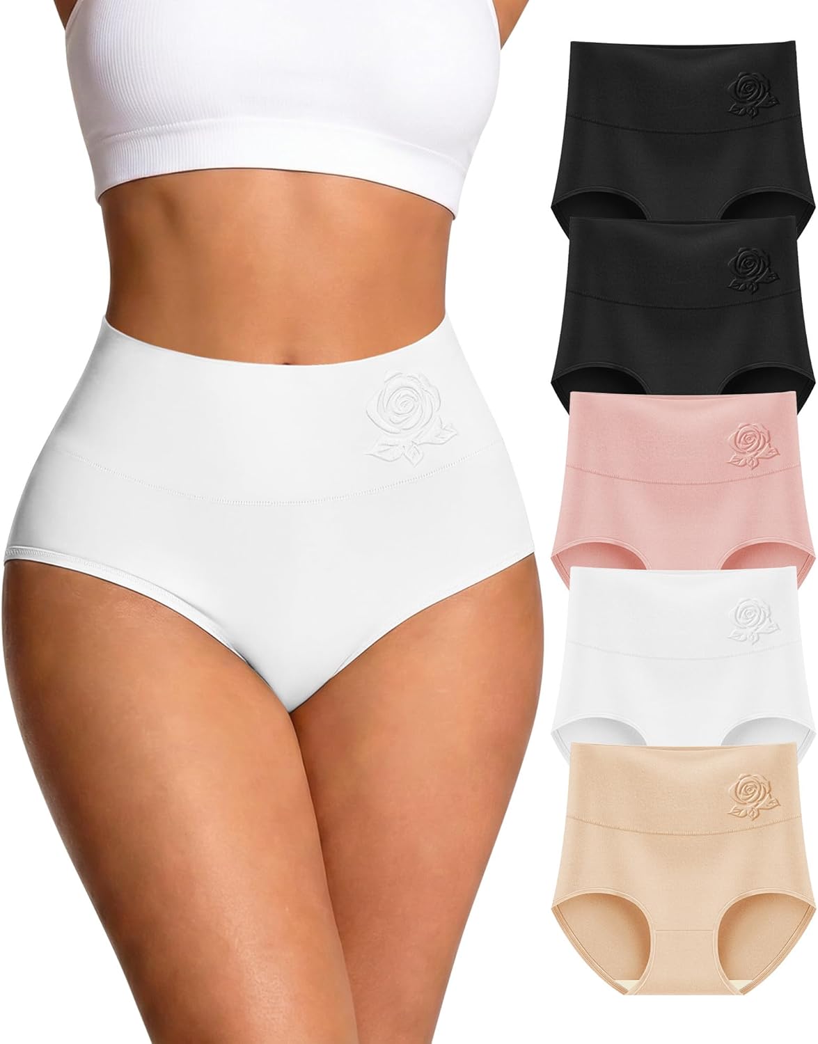 Women's Cotton Underwear High Waisted Comfortable Tummy Control Stretch Soft Full Coverage Breathable Briefs 5-6 Packs